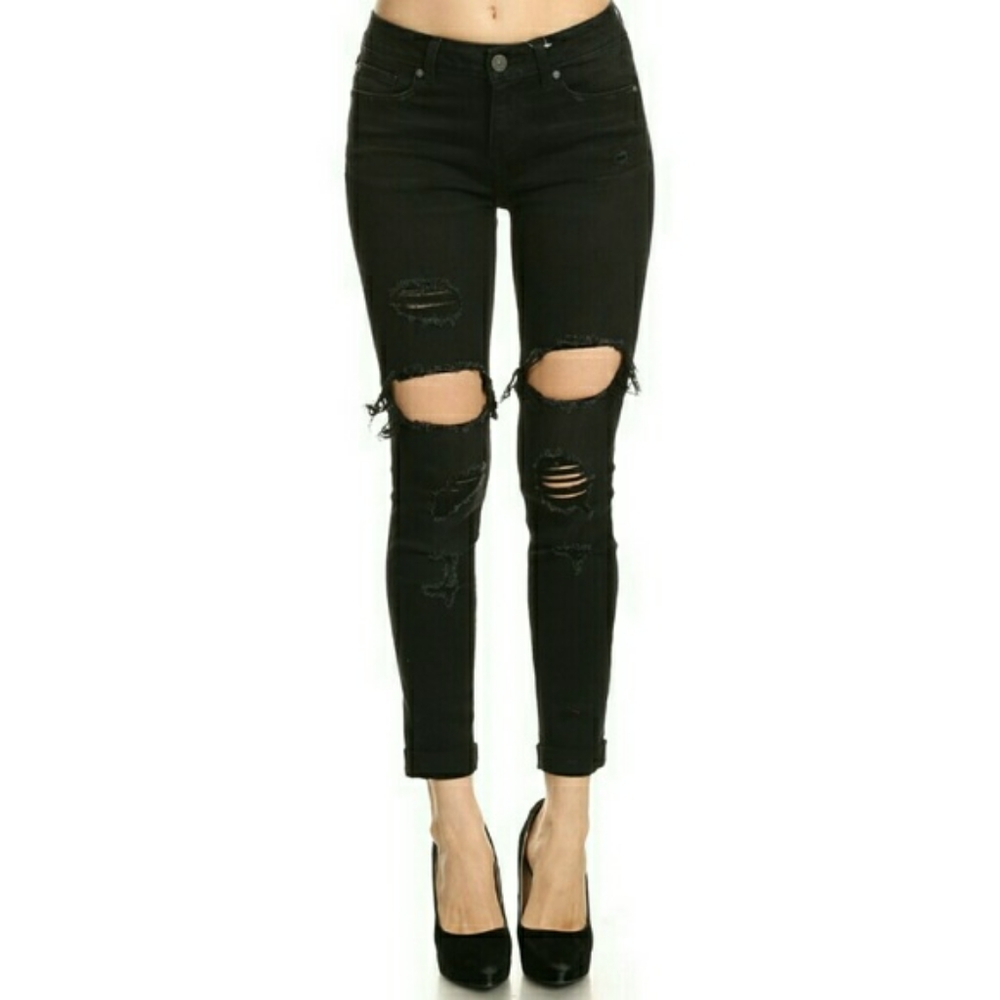 So Ripped Black Denim Women's Ankle Skinny Jeans